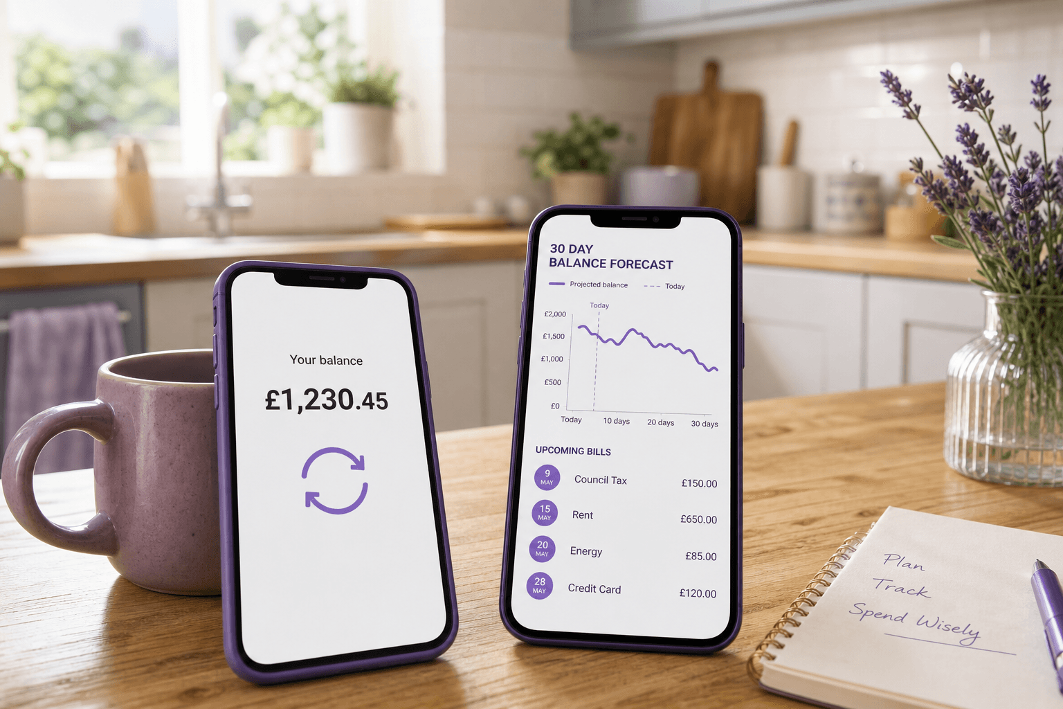 A phone showing a banking app being refreshed next to a 30-day forecast that already includes upcoming bills