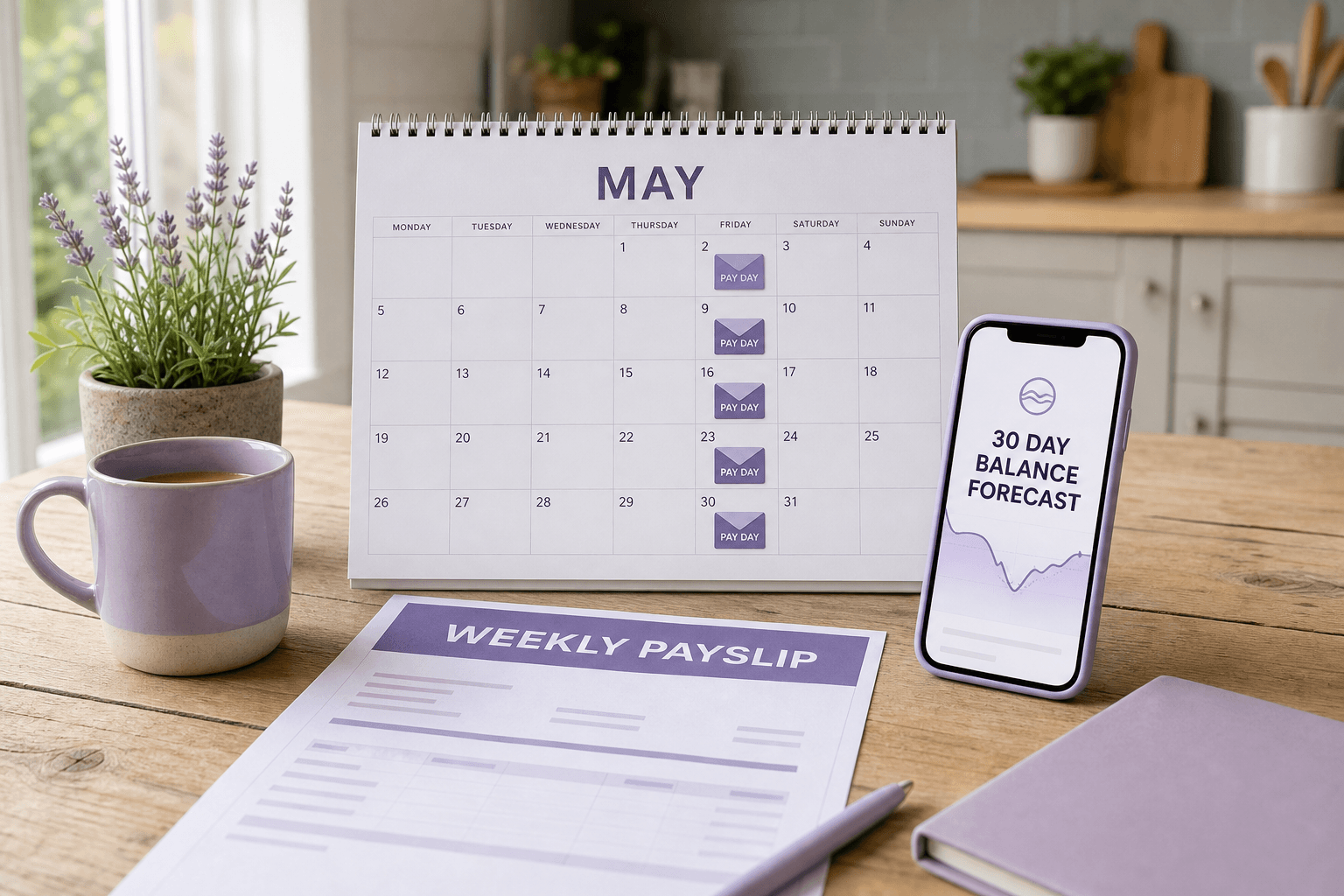 A monthly calendar with five Friday payday stickers next to a phone showing a 30-day balance forecast