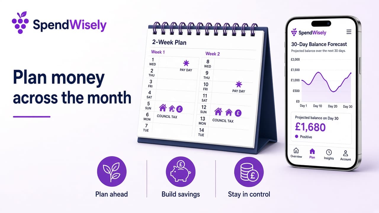 Two-week calendar with payday markers and monthly bill icons next to a phone showing a 30-day balance forecast