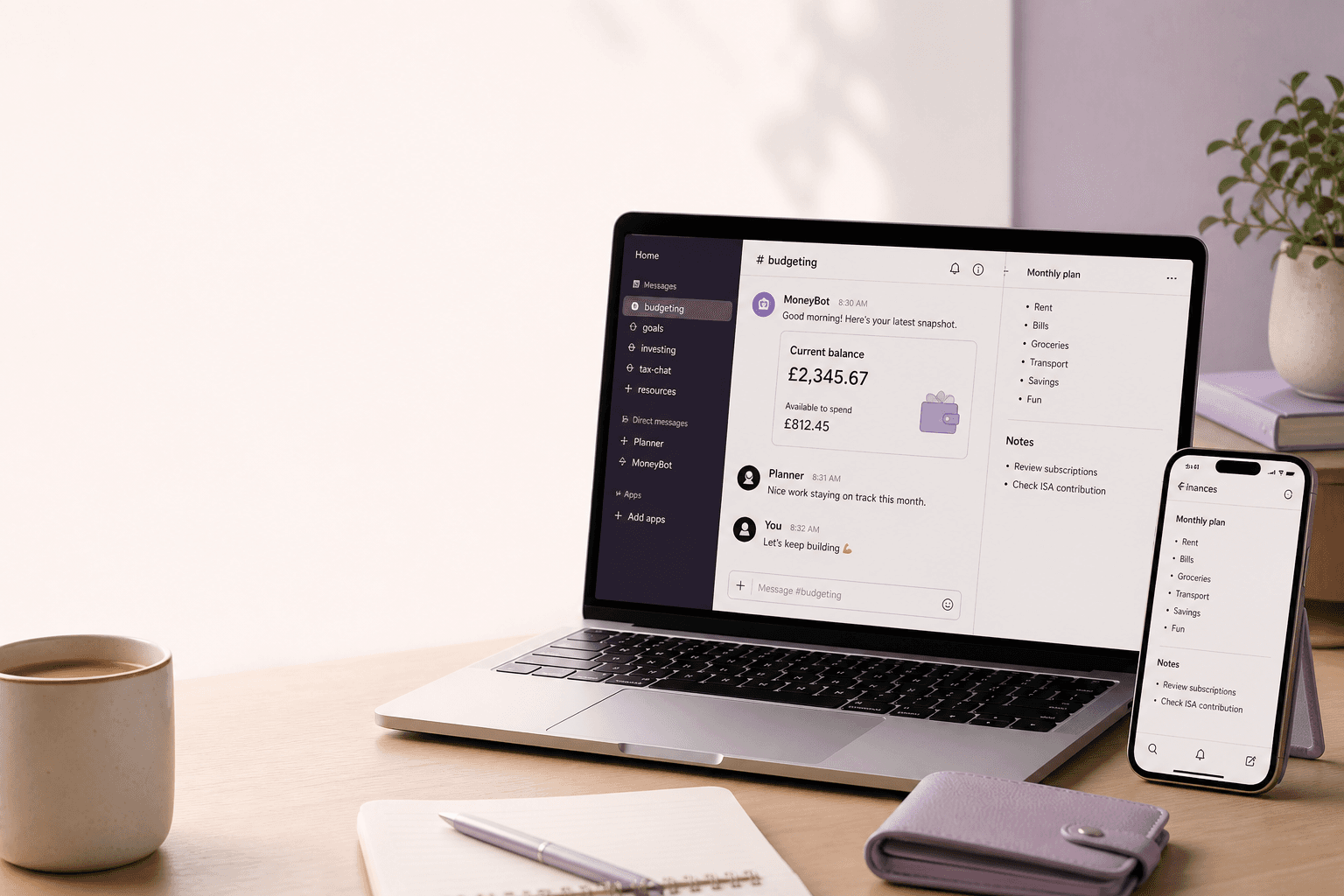 Laptop and phone showing a workspace chat with a current balance and available-to-spend snapshot