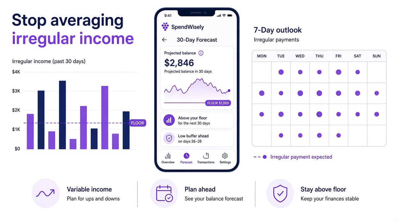 Uneven income bars beside a phone showing a 30-day forecast with a clear floor line