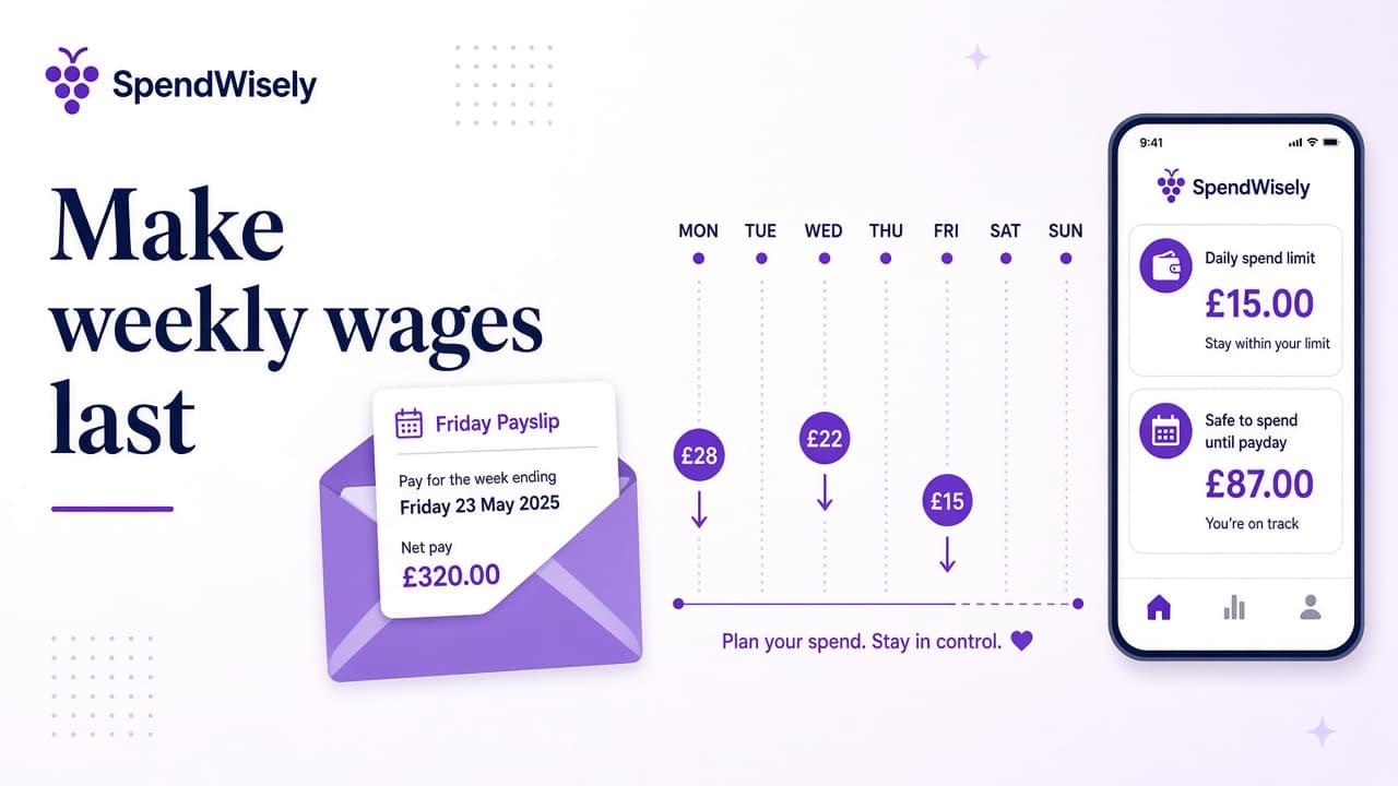 Friday payslip beside a seven-day strip with falling daily spend limits and a phone showing safe-to-spend until payday