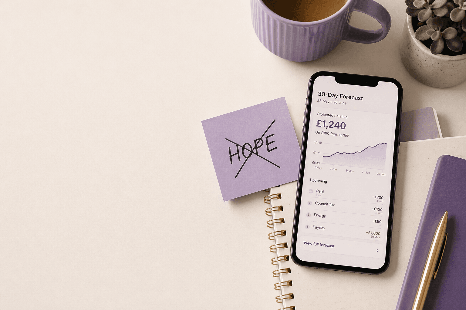 A sticky note saying HOPE crossed out next to a phone showing a 30-day money forecast