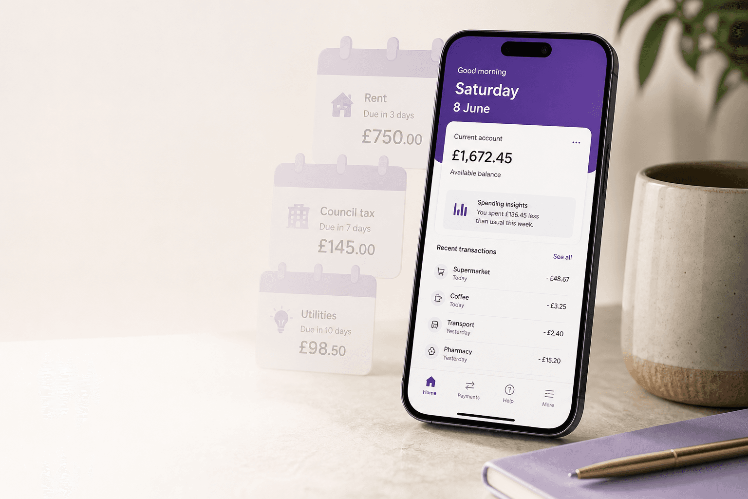 A Saturday banking-app balance looking high while rent and bills are still due