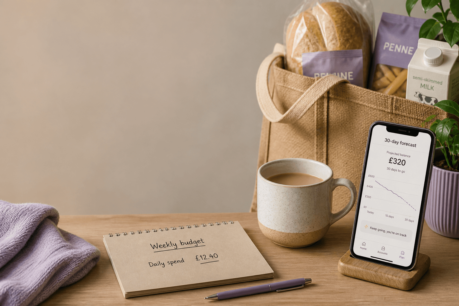 Weekly budget notebook, groceries, and a phone showing a 30-day forecast on a tight household budget