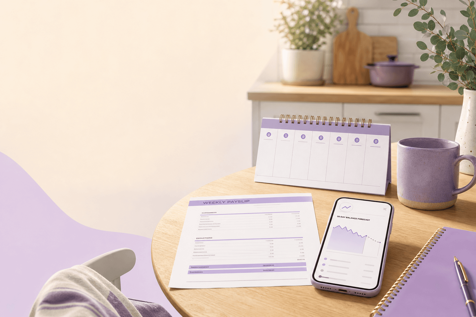 Weekly payslip, a seven-day calendar, and a phone showing a 30-day balance forecast