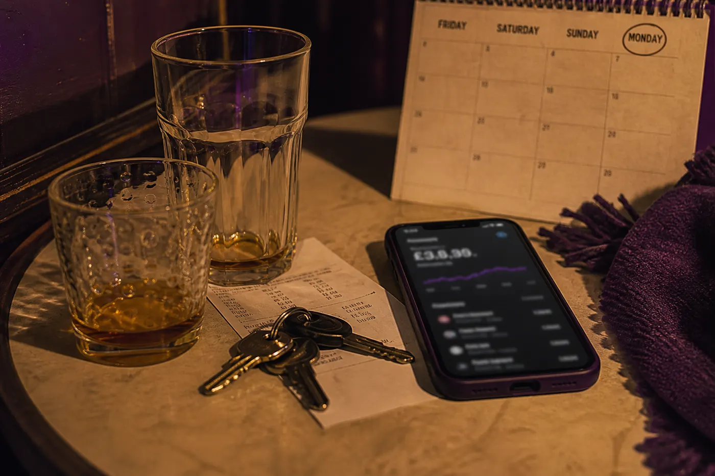 Weekend drinks and a healthy-looking balance beside a Monday calendar