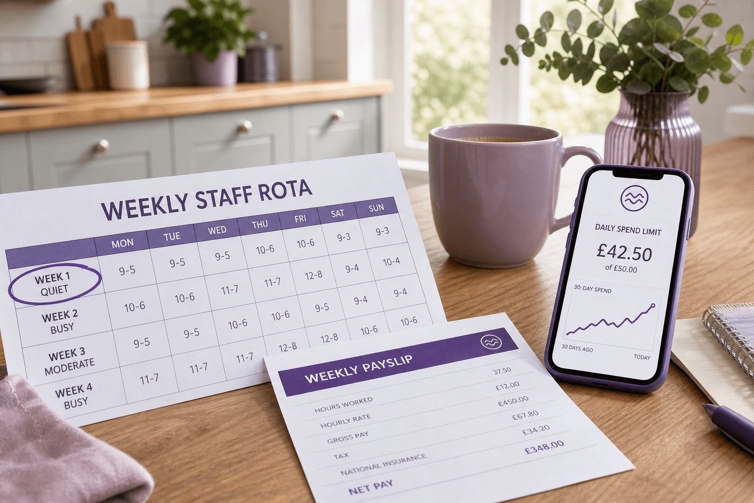 A shift rota with a quiet week highlighted next to a phone showing a 30-day spend limit from that floor week